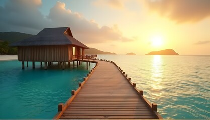 Obraz premium Serene sunrise paints the sky with golden hues, illuminating a tranquil overwater bungalow and its wooden pathway leading to serenity.