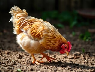 Two playful chickens scratch and peck at the rich brown dirt in the sunlit backyard, uncovering treasures hidden beneath the soil