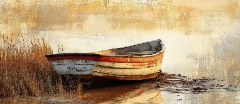 Abandoned wooden boat resting on shore with golden grass and serene water reflections at sunrise or sunset in warm tones