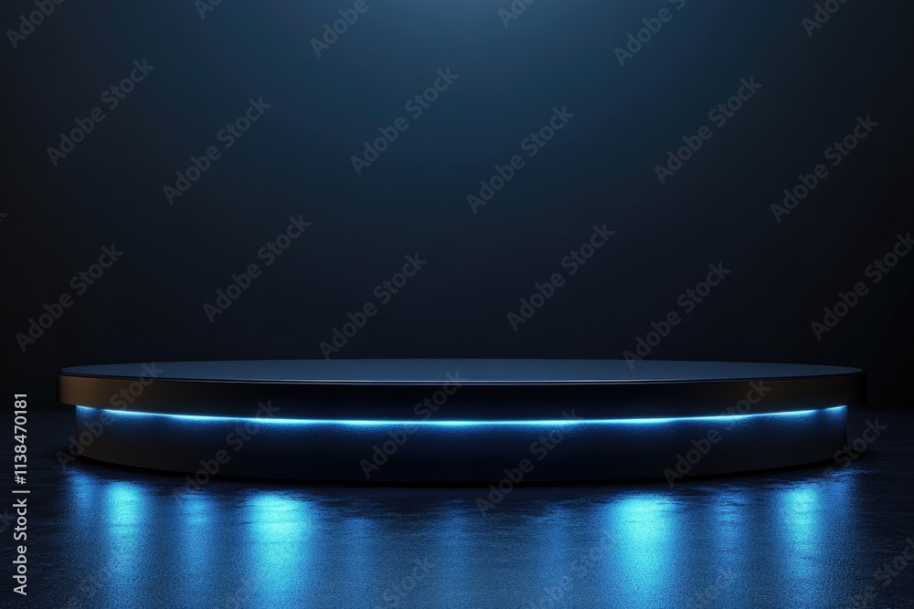 Poster a round platform illuminated by blue lights on a dark surface