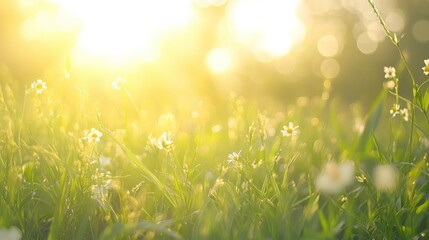 Obraz premium Golden sunlight illuminating a dreamy flower-filled field creating a serene and abstract nature scene with soft bokeh effects.