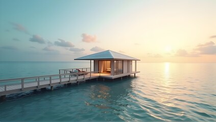 Tranquil sunset view of a serene overwater bungalow, offering ultimate relaxation and escape. Perfect for a peaceful getaway!