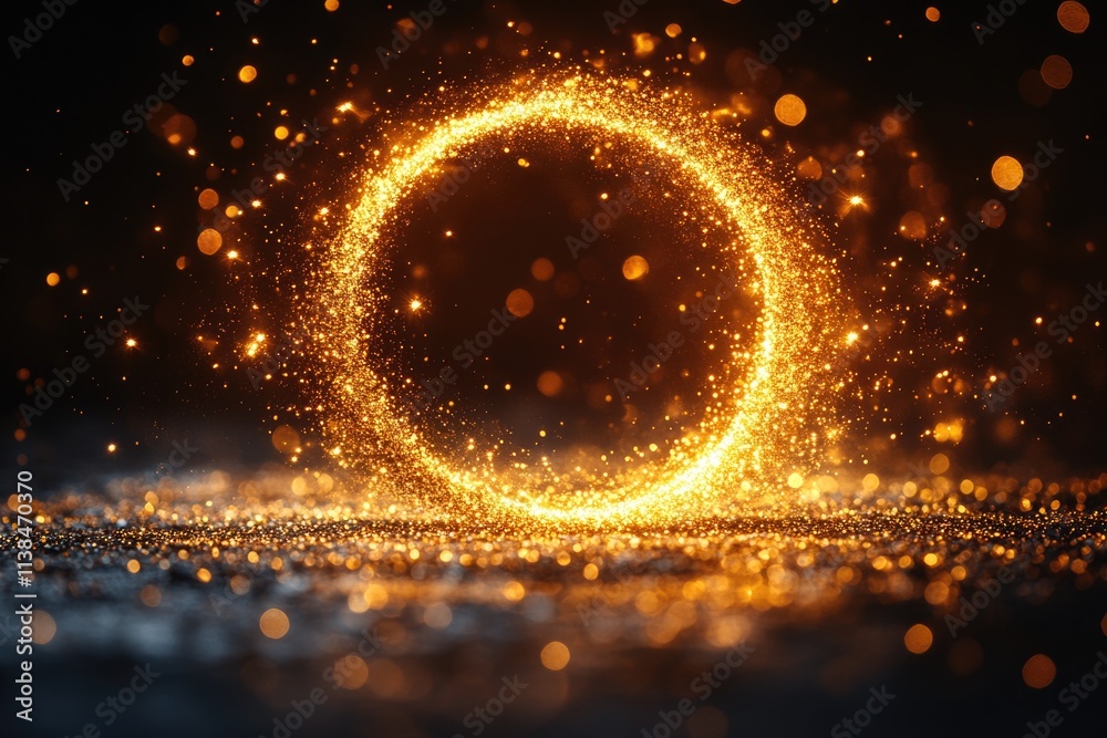 Poster a circular pattern of golden sparkles against a dark, black background