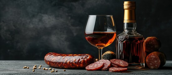 Cognac in a glass with assorted sausages on a rustic wooden surface against a dark background ideal for gourmet beverage advertising