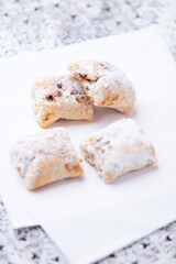 Stollen Bites on bright background. Soft focus. Close up.