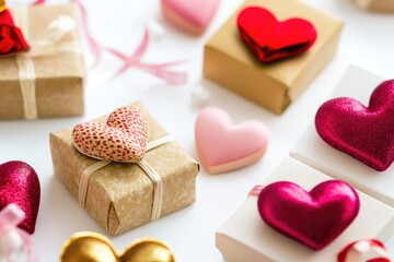 Fototapeta premium Various heart-shaped decorations on a table