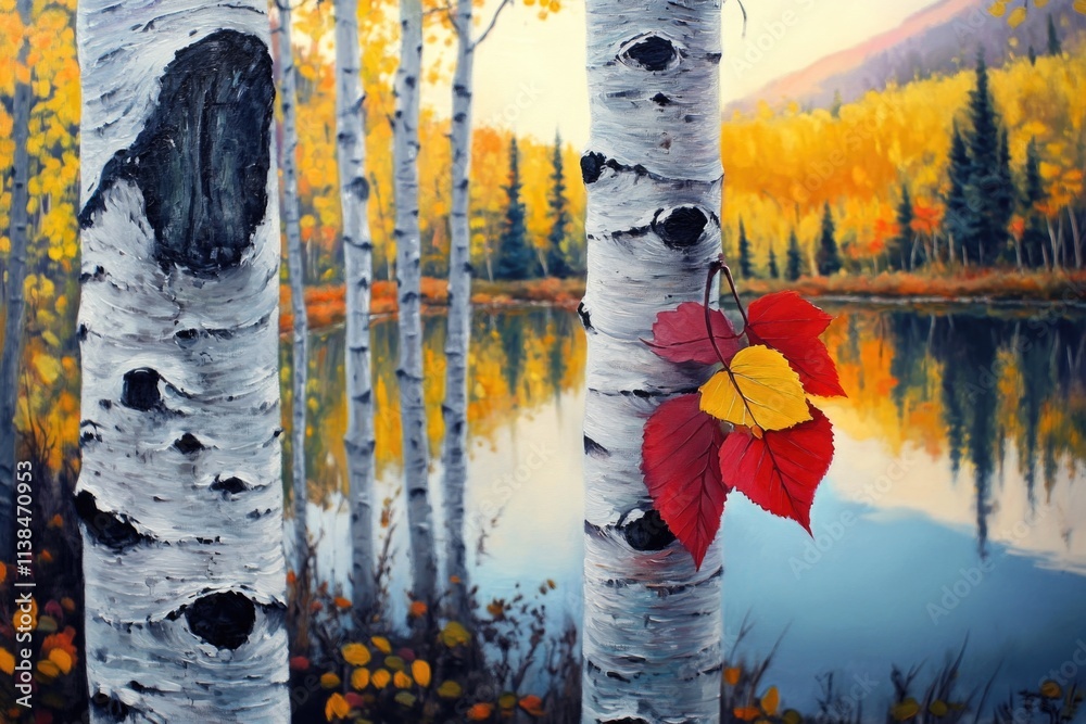 Poster A single leaf hangs from a tree branch above the calm waters of a lake