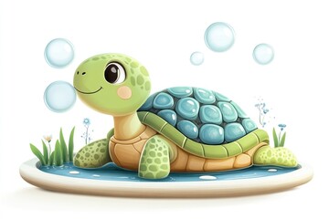 Cute and Playful Cartoon Turtle Blowing Bubbles Surrounded by Water and Colorful Flowers in a Bright, Cheerful Setting for Kids' Illustrations or Decorations