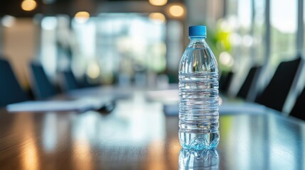 Clear water bottle on a wooden desk in a bright meeting room with blurred background and soft lighting for a professional business setting