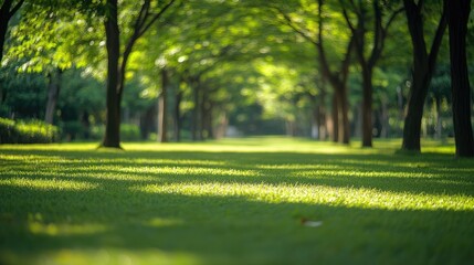 Serene park landscape with blurred green trees creating a peaceful atmosphere for nature-themed backgrounds and wallpapers.