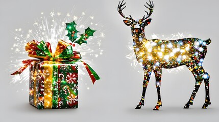 double exposure of a reindeer and a Christmas gift wrapped in festive paper, with soft lighting reflecting off the gift’s edges, creating a sense of anticipation and joy. [Reindeer]:[Christmas 