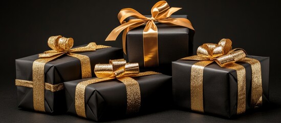 Elegant black gift boxes with gold ribbons arranged beautifully on a dark background perfect for holiday or celebration themes