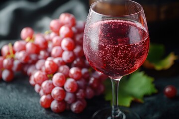A glass of wine sits next to a bunch of fresh grapes, perfect for a relaxing evening or special occasion