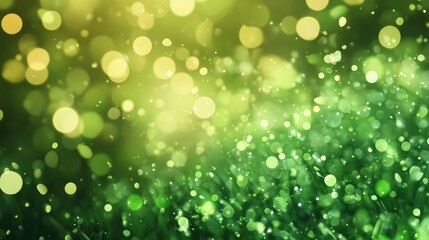 Obraz premium Blurry green meadow background with soft sunlight bokeh effect creating a serene natural atmosphere for design projects.