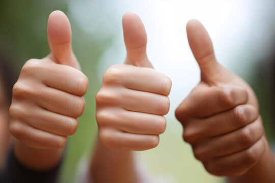 Close-up of three diverse hands giving thumbs up, symbolizing success, positivity, and teamwork. Ideal for business, motivation, and collaboration concepts
