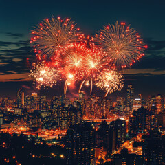 Obraz premium vibrant fireworks display lights up night sky over bustling cityscape, with glowing buildings and streets creating dazzling urban scene