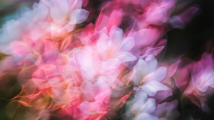 Abstract blurred pink and white orchid flowers in a vibrant garden setting with soft light creating a dreamy atmosphere.
