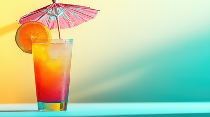 Vibrant Tropical Cocktail with Pink Umbrella and Citrus Slice on Colorful Background Perfect for Summer Refreshments and Relaxation