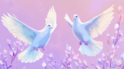 Fototapeta premium Two white doves in flight against purple background. Heavenly. Illustration