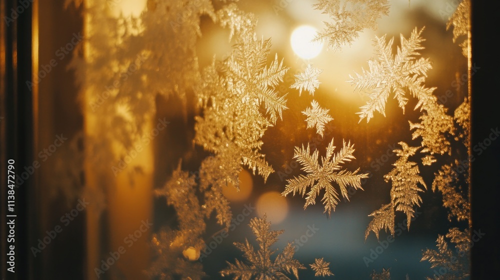 Aufkleber Frosted window with intricate snowflake patterns illuminated by warm light.