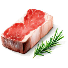 Freshly cut steak with marbling resting on a white surface with a sprig of rosemary for garnish