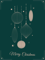 Obraz premium Abstract elegant Christmas greeting card with ornaments on green background. Christmas template, poster