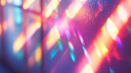Rainbow light refraction texture overlay with holographic flare effects creating colorful shadows on a wall ideal for photography and mockups