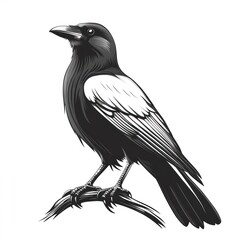 Obraz premium Monochrome illustration of a crow perched on a branch.