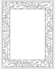 Winter rectangular vertical frame with snowflakes and stars - vector linear picture for coloring. Outline. Frosty patterns - frame with copy space