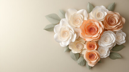 Heart shaped arrangement of paper roses in soft pastel tones with green leaves on beige background, creating romantic and elegant composition