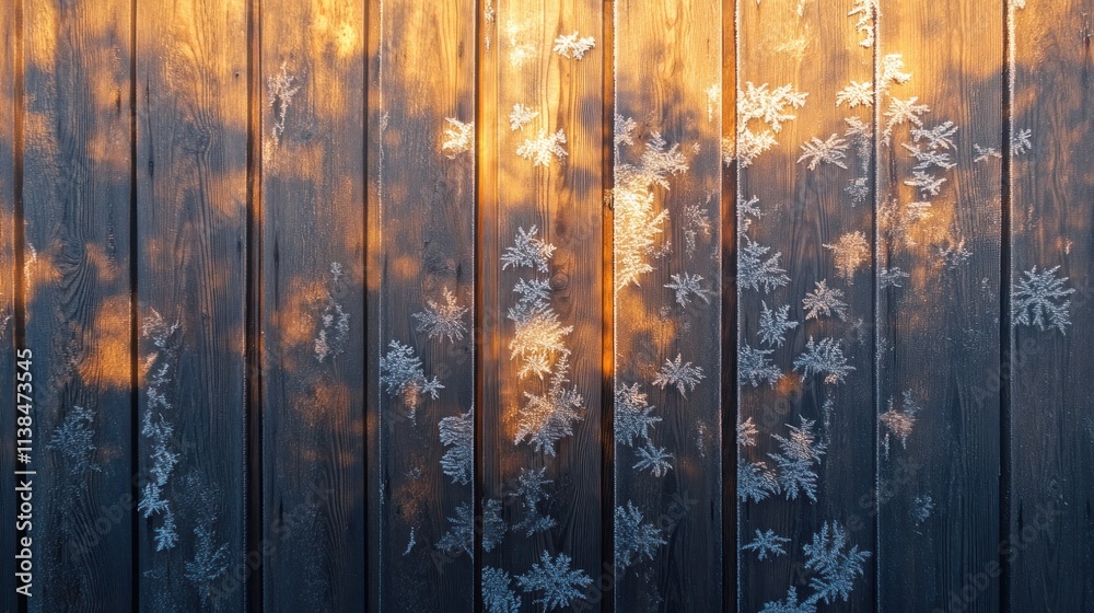 Poster Frosty patterns on a wooden surface illuminated by warm light.