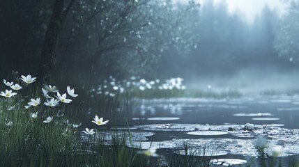 Serene blurred landscape featuring white flowers at the edge of a tranquil swamp with lily pads and misty forest background