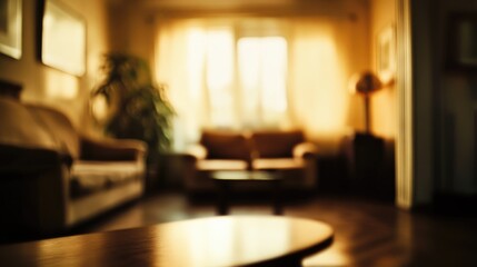 Cozy blurred living room scene featuring soft sofas, a wooden table, and warm sunlight filtering through sheer curtains