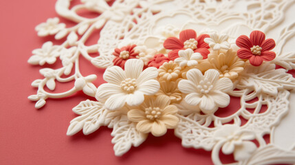 Fototapeta premium Intricate floral design with lace style laser cut patterns and delicate 3D flowers on soft red background, evoking elegance and romance