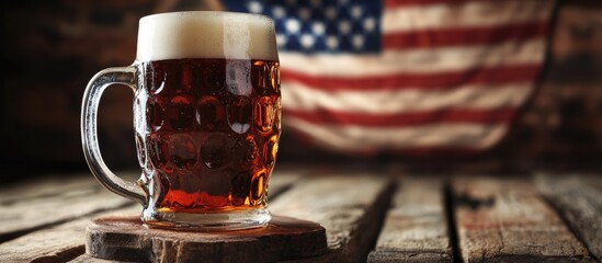 Rustic beer mug on wooden board with vintage American flag background evoking classic pub atmosphere and celebration of tradition
