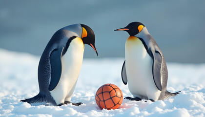 Fototapeta premium Two playful penguins interacting with a ball on the snowy ice in their habitat