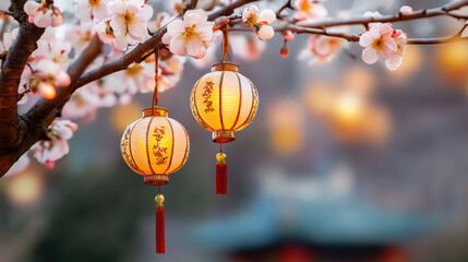 Lanterns hanging from blossoming plum tree, symbolizing beauty and tradition, with soft bokeh background creating serene and festive atmosphere
