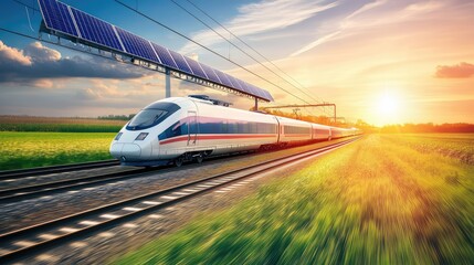 Fototapeta premium A cutting-edge solar-powered high-speed train passing through a countryside, with solar panels on the train roof and renewable energy infrastructure surrounding the tracks