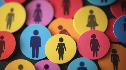 People on colorful buttons, various designs and characters