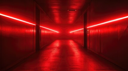 Mysterious Red Hallway with Neon Lights Casting an Eerie Glow in a Dark and Futuristic Environment Perfect for Sci-Fi Themes and Atmospheric Artistry