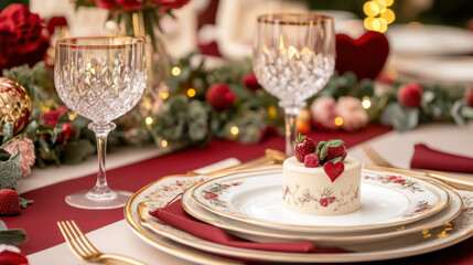 Elegant Valentine Day table setting with gourmet dessert, crystal glasses, and romantic floral decor, creating luxurious and intimate dining atmosphere