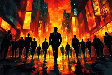 Silhouetted Group of Businesspeople Walking Against a Dramatic Fiery Cityscape with Tall Buildings and Vibrant Illuminated Urban Background
