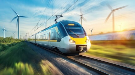Fototapeta premium A futuristic, eco-friendly high-speed train designed with energy-efficient materials, passing through a green corridor of wind turbines and solar farms
