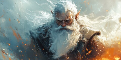 Obraz premium A Majestic Portrait of a Wise, Elderly Elf with Flowing White Hair and a Long Beard, Adorned in Armor, Surrounded by Mystical Elements