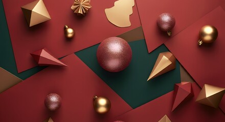 Modern composition of Christmas ornaments in gold, red and dark green tones on an abstract geometric background