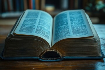 An open book sits on a wooden table