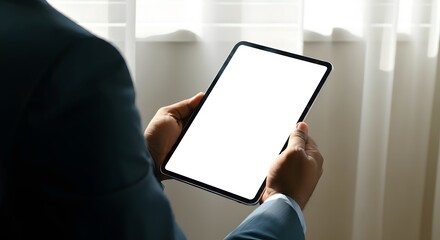 Hands of businessman holding tablet with blank screen