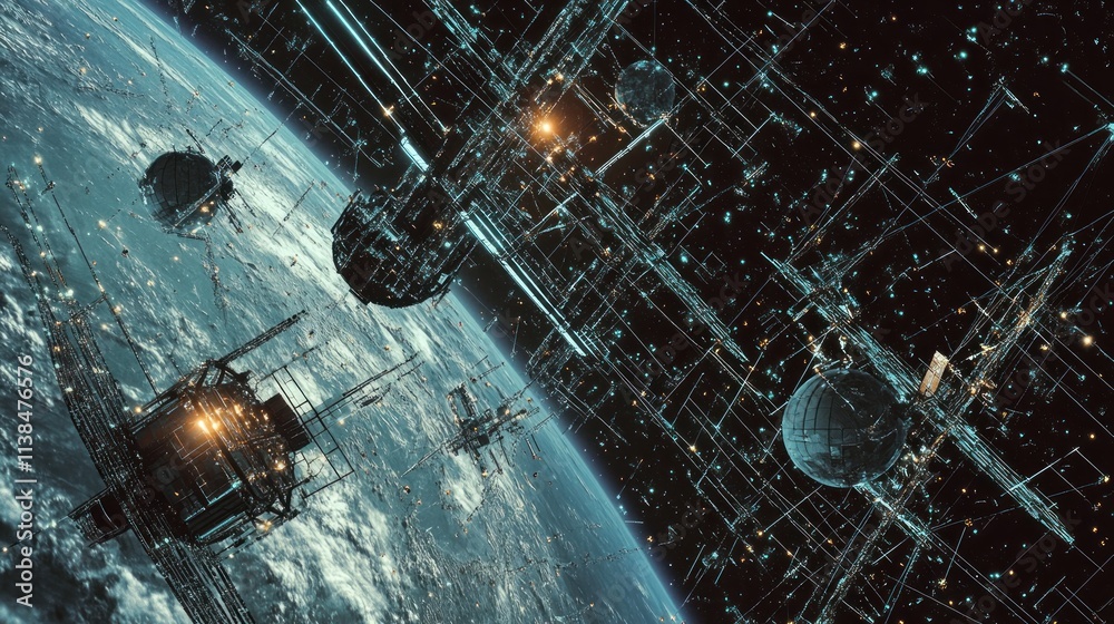 Poster futuristic space scene depicting satellites orbiting earth with intricate structures.