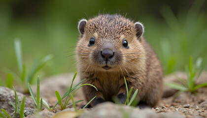 Naklejka premium Adorable marmot close-up portrait sitting on the ground surrounded by grass