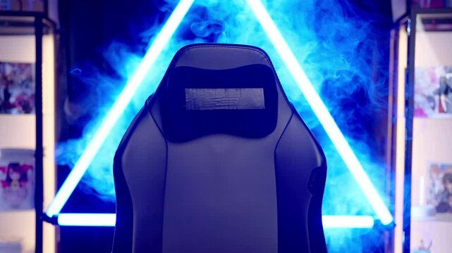Empty gaming chair template in neon light cyberspace with smoke 4K